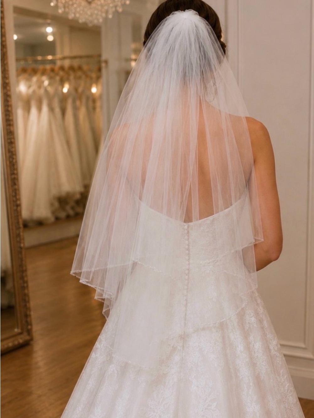 David's Bridal White Two-Tier Tulle Wedding Veil fingertip veil